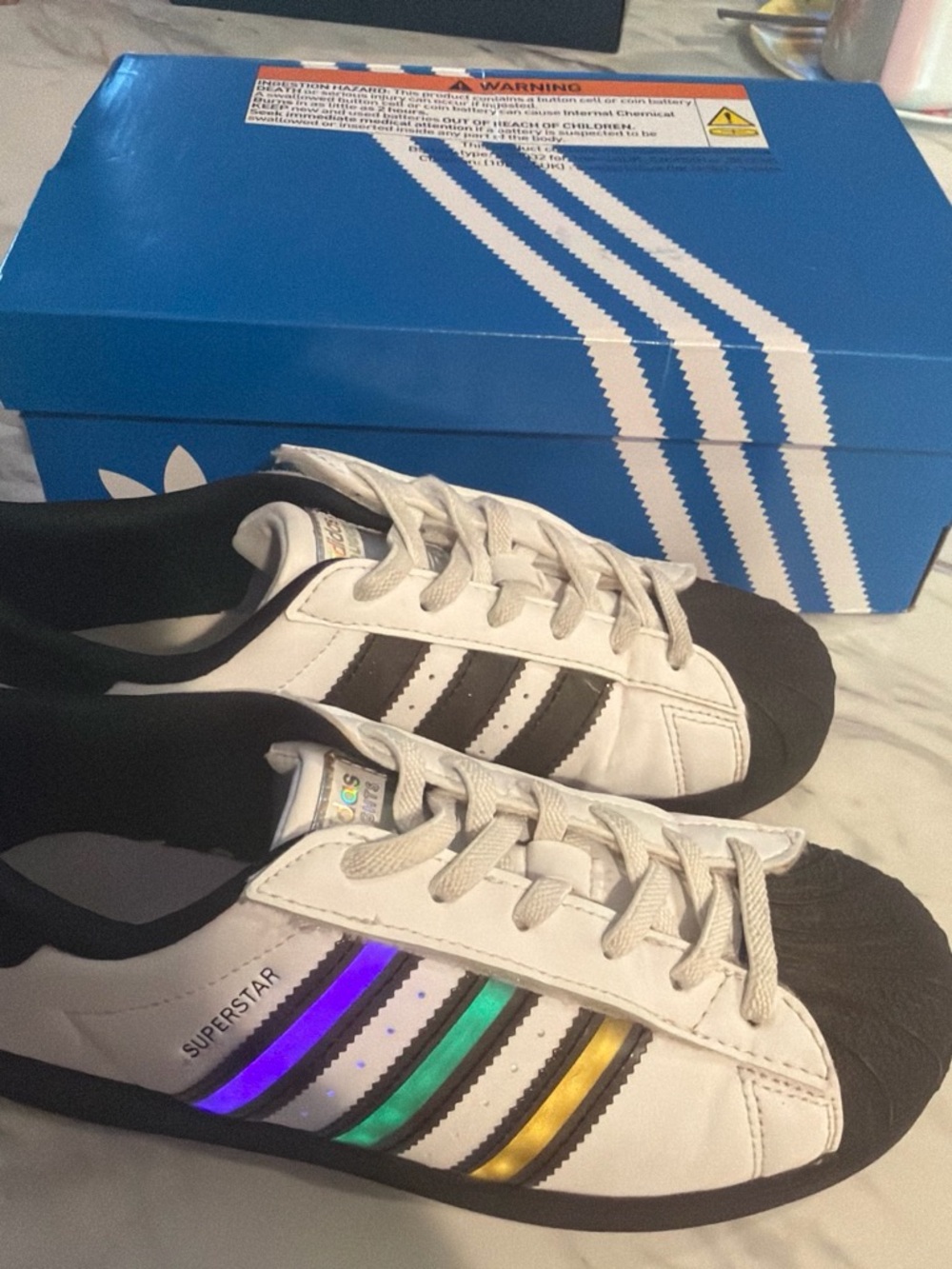 adidas Kids Superstar Sneakers - White with Black and Rainbow Metallic Stripes